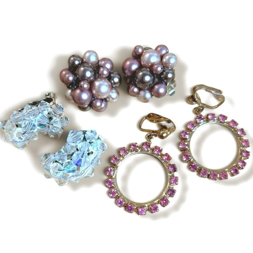 Mid Century Vintage Feminine Clip On Earrings Small Lot 3 Pairs Pink Sparkly